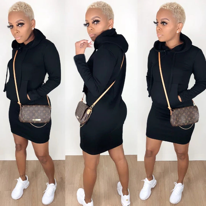 Women Long sleeve Tunic Pocket Pullover Hoodie Dress